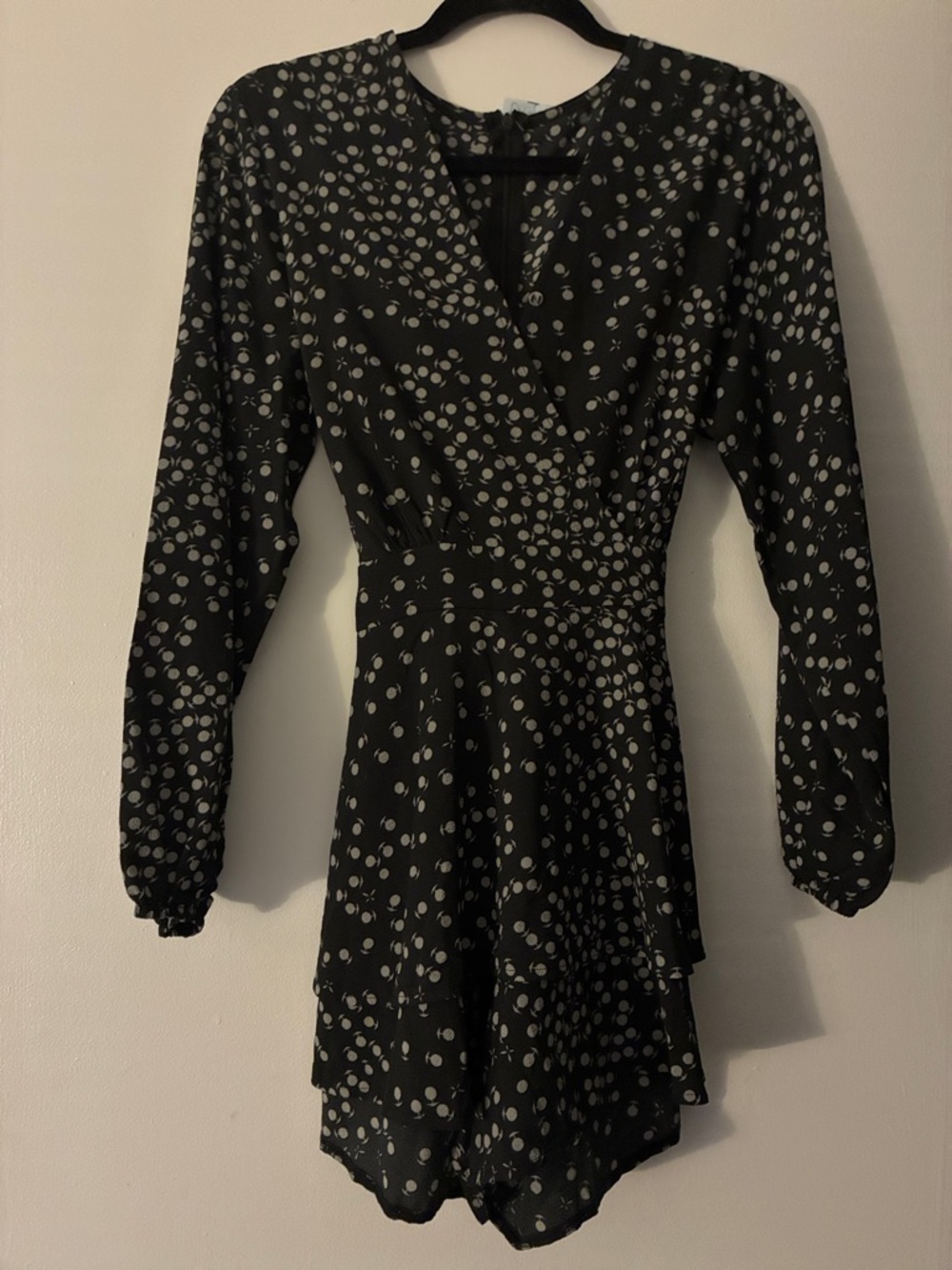 Polka Dot Long-Sleeve Wrap Romper Dress - Black